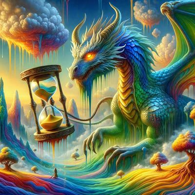 The primary subject of the image is a large, colorful dragon with a clock in its mouth. The dragon is surrounded by a vibrant, rainbow-colored landscape. The setting appears to be a fantasy world with a mix of natural elements, such as trees and clouds. The visual style of the image is digital art, with a focus on the dragon and its clock. The dominant colors in the image are rainbow hues, creating a lively and whimsical atmosphere.